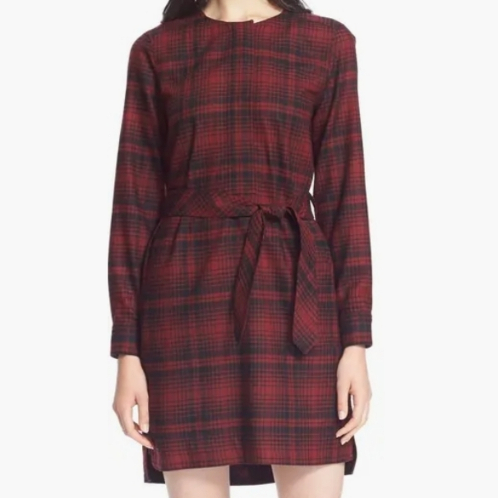 BURBERRY BRIT RED, BLACK PLAID LONGSLEEVE ZIP 100% WOOL VELVET DRESS SIZE 6